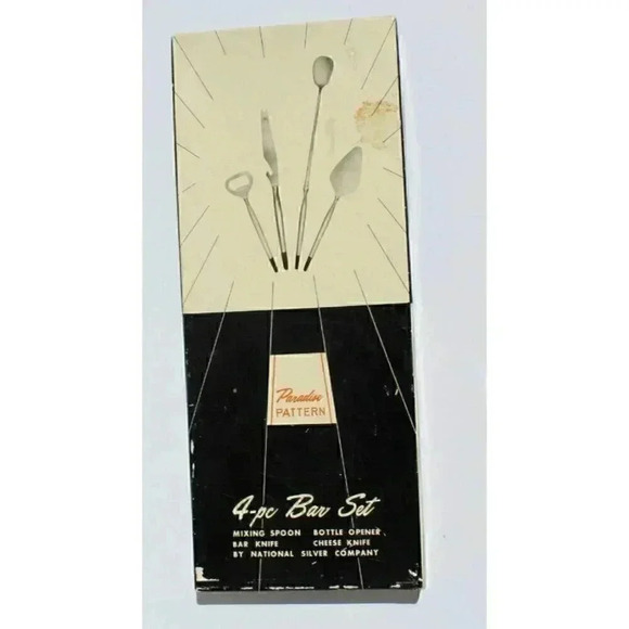 Vintage MCM 4 Pc Bar Stool Set National Silver Company Barware w/ Box - Picture 2 of 3